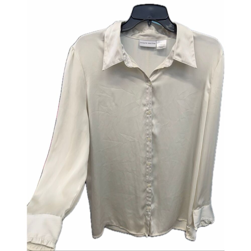 Jaclyn Smith Off White Silky Button Down Blouse Shirt Top Women’s Size 14
